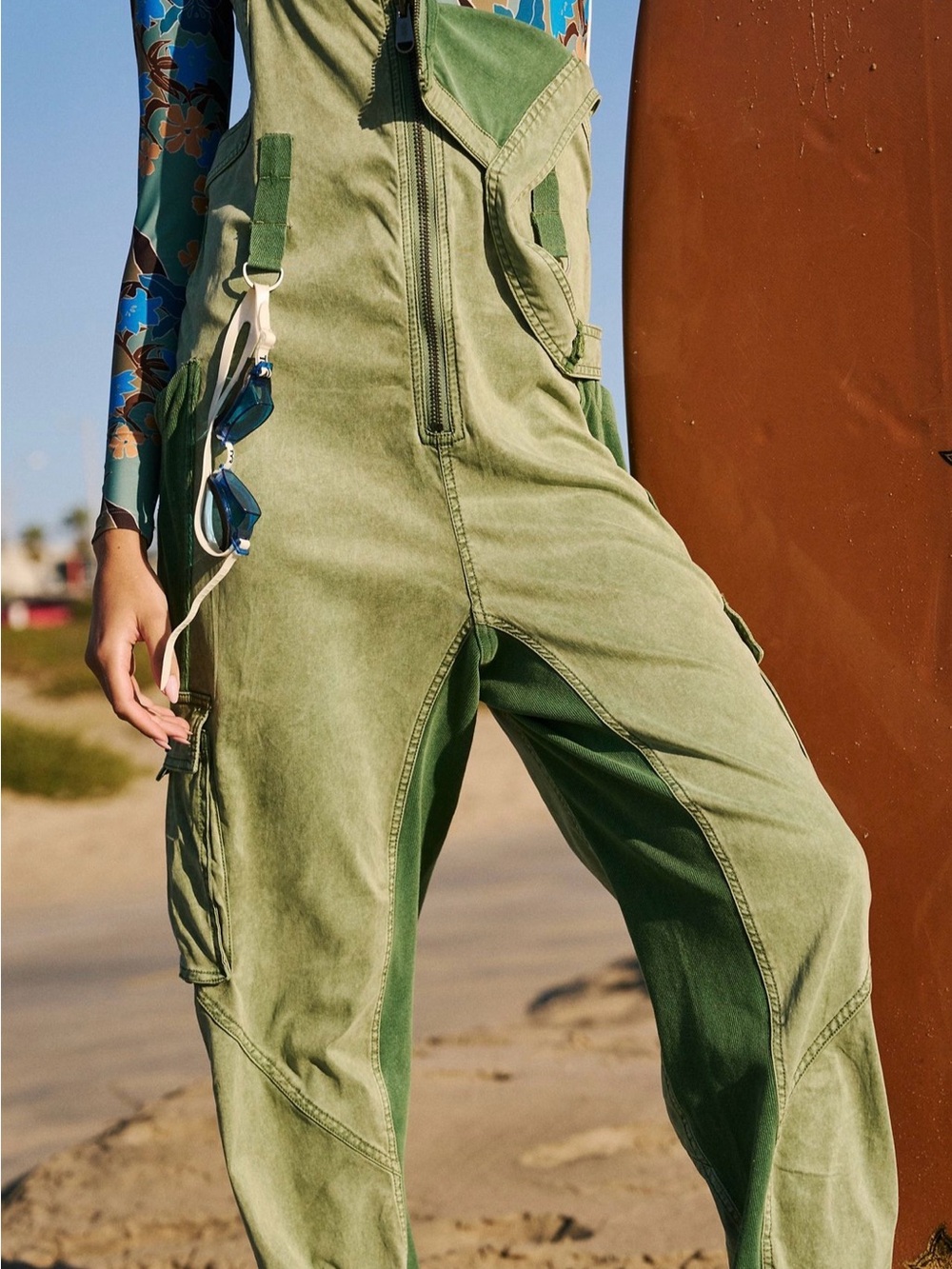Free People Two-Tone Olive Green Utility Romper
